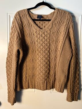 Paul James Chunky Cable Knit Sweater Tan Classic Timeless Luxury 100% Wool Large